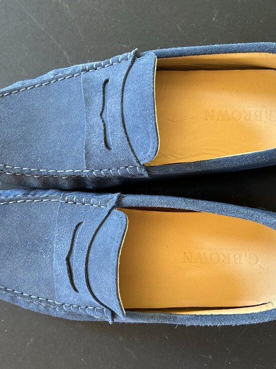 G Brown, handmade blue suede drivers, leather lined, size 11 narrow